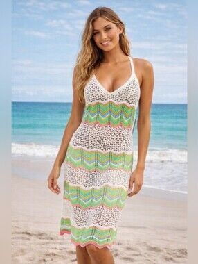 Almost Famous White Crochet Swim Cover-Up Dress with Pastel Chevron Stripes